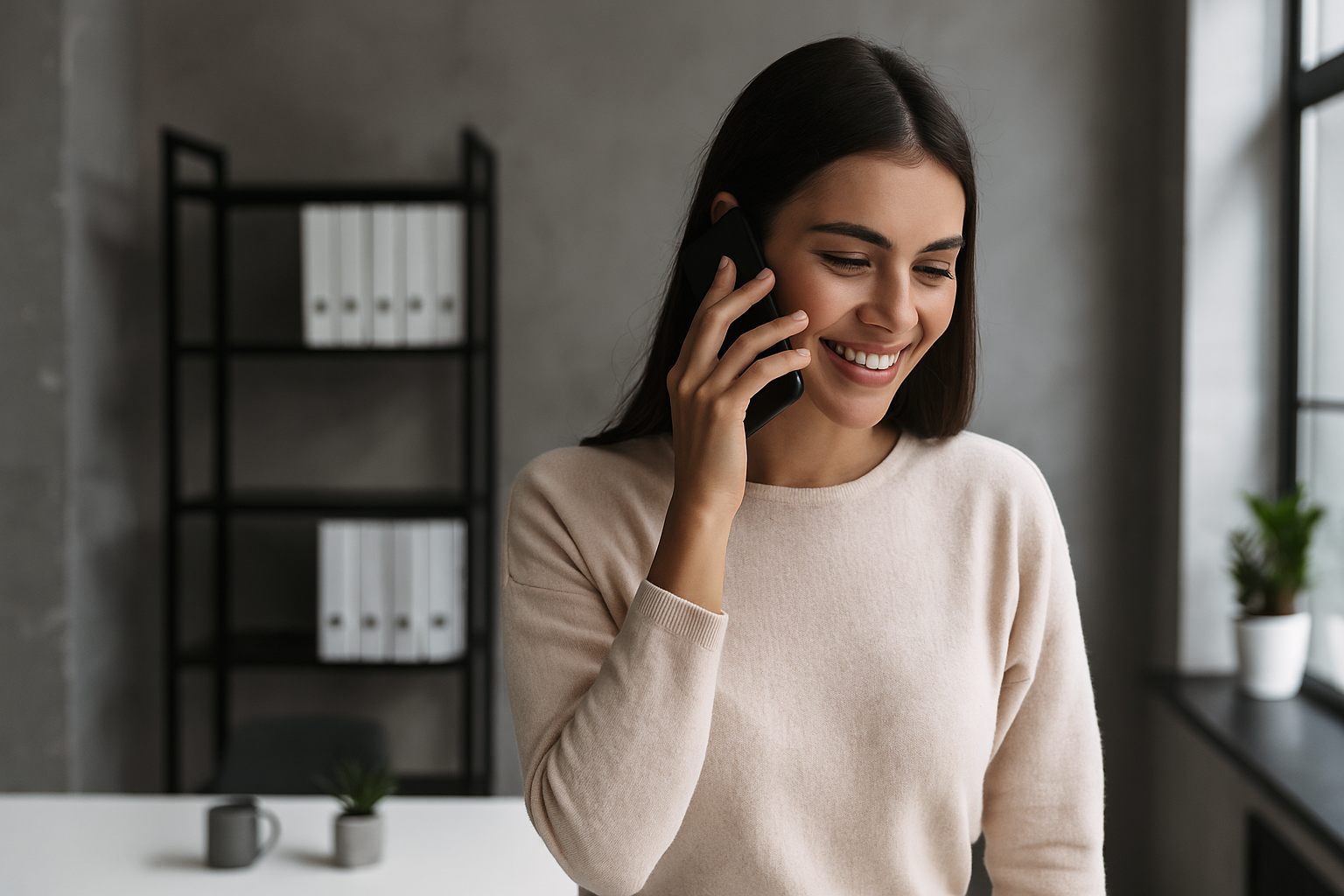 Donna sorridente al telefono in un ufficio moderno e luminoso, rappresenta assistenza clienti amichevole.