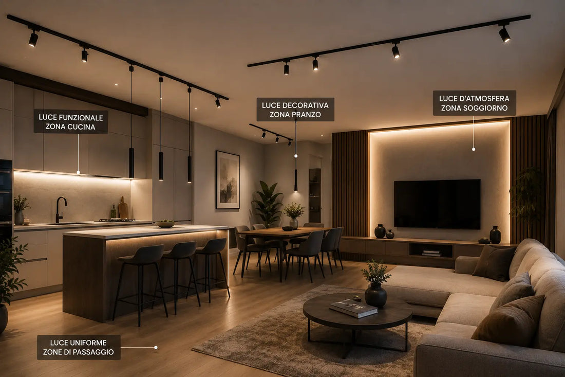 Come illuminare un open space: guida completa per cucina e soggiorno