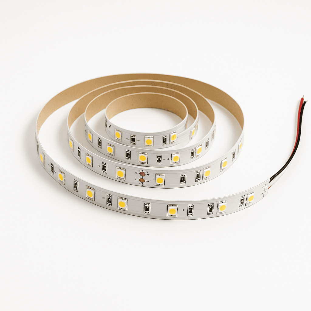 Strip LED flessibile arrotolata su sfondo bianco, con chip LED visibili e fili di collegamento, ideale per illuminazione decorativa e tecnica.
