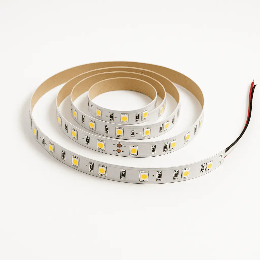 Strip LED flessibile arrotolata su sfondo bianco, con chip LED visibili e fili di collegamento, ideale per illuminazione decorativa e tecnica.