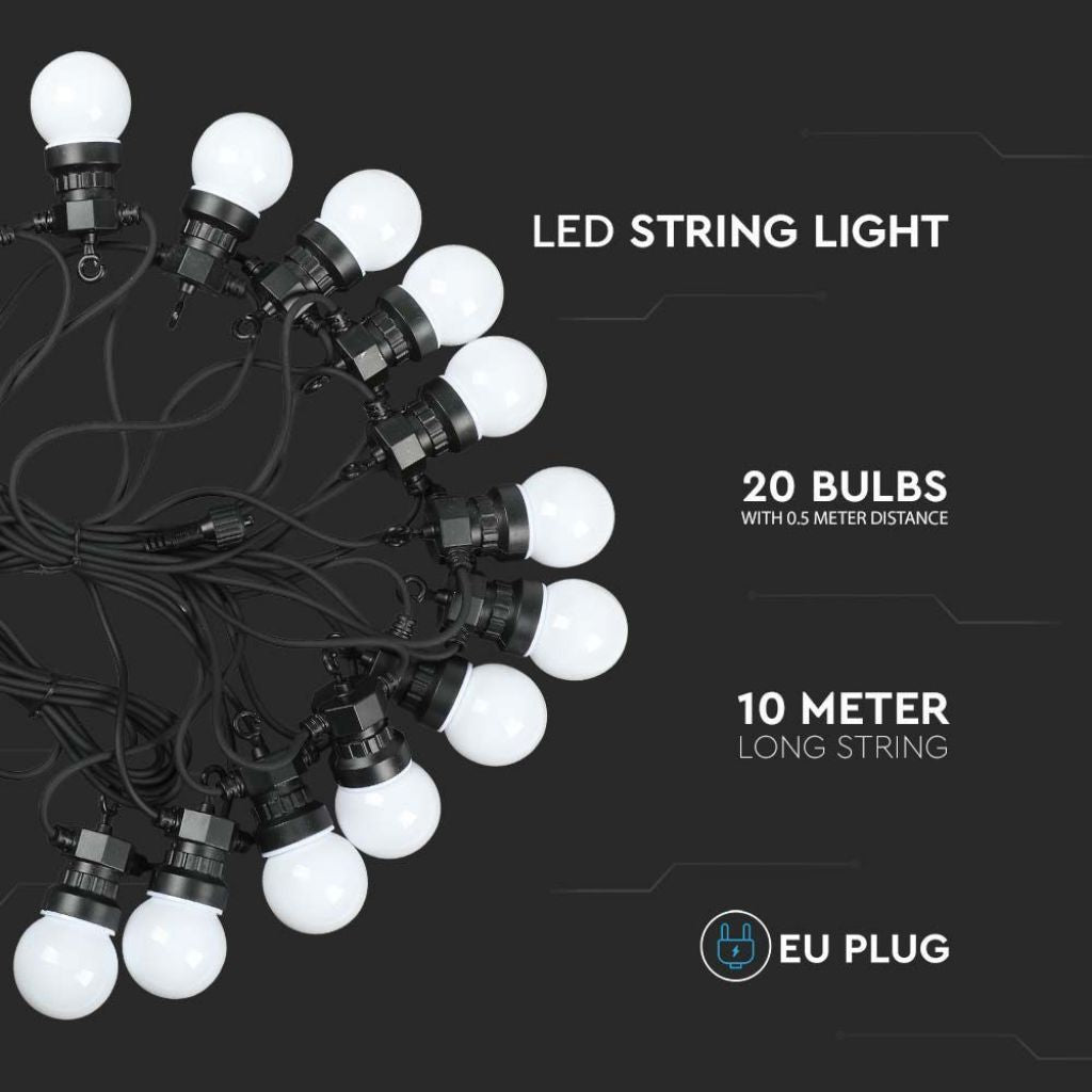 Catenaria 10m con 20 Lampadine mini Globo LED Colore Bianco con Schuko e Trasformatore