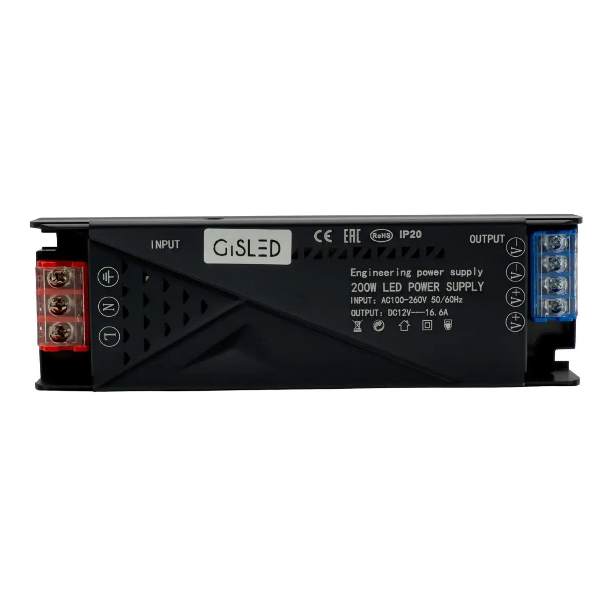 Alimentatore 12V 200W 16,6A Gisled vista frontale in alluminio