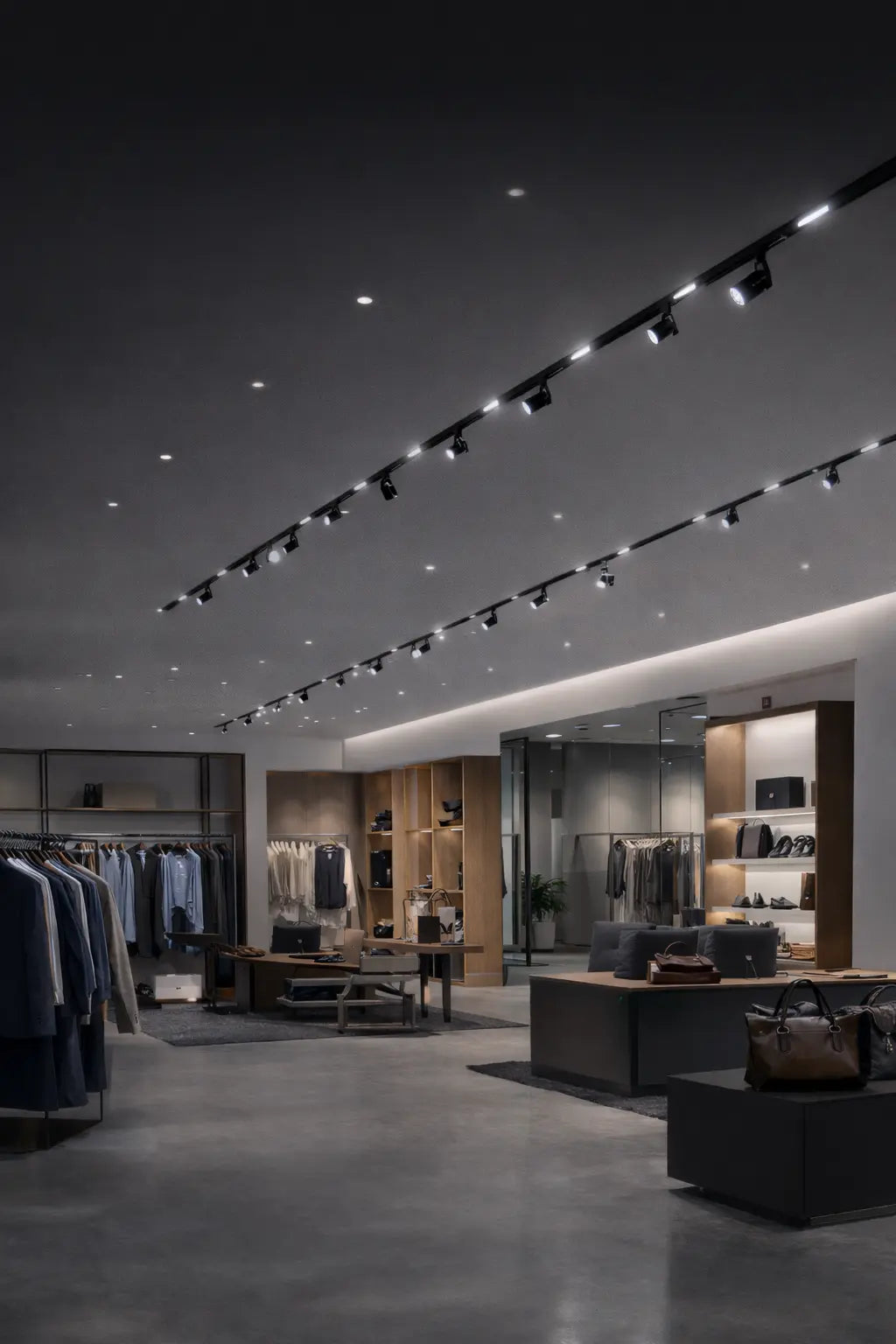 Sistema di illuminazione a binari 220V con faretti orientabili installati in negozio moderno