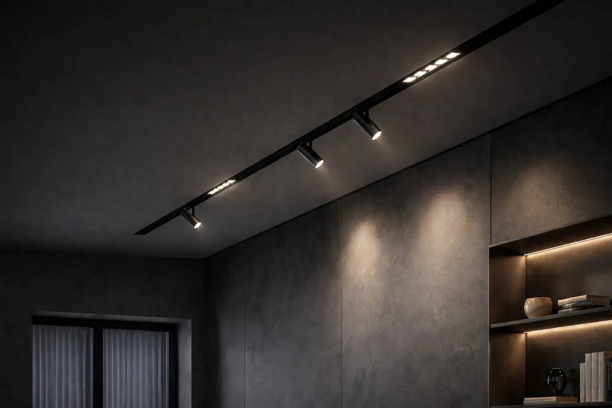 Binario magnetico 48V con faretti LED orientabili in installazione minimal su soffitto moderno
