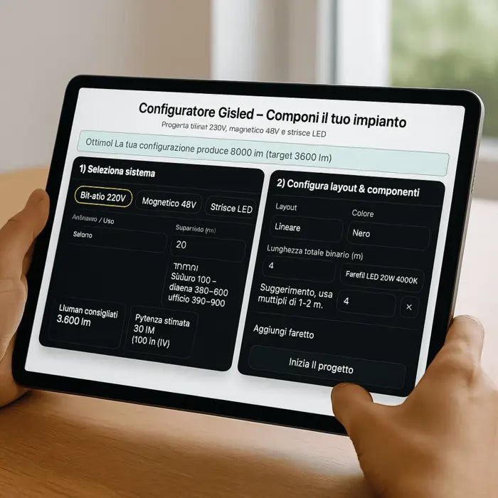 Mano che utilizza il configuratore luce Gisled su tablet, con interfaccia in italiano per selezione sistema e layout binari 220V