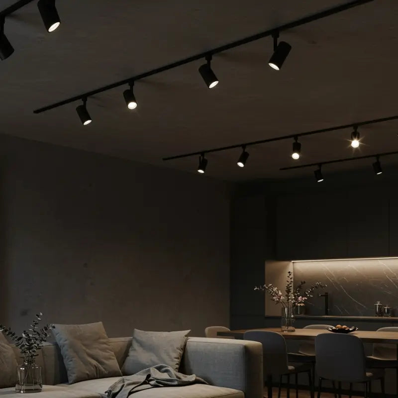 Binario monofase 220V Gisled con faretti LED orientabili in ambiente residenziale moderno