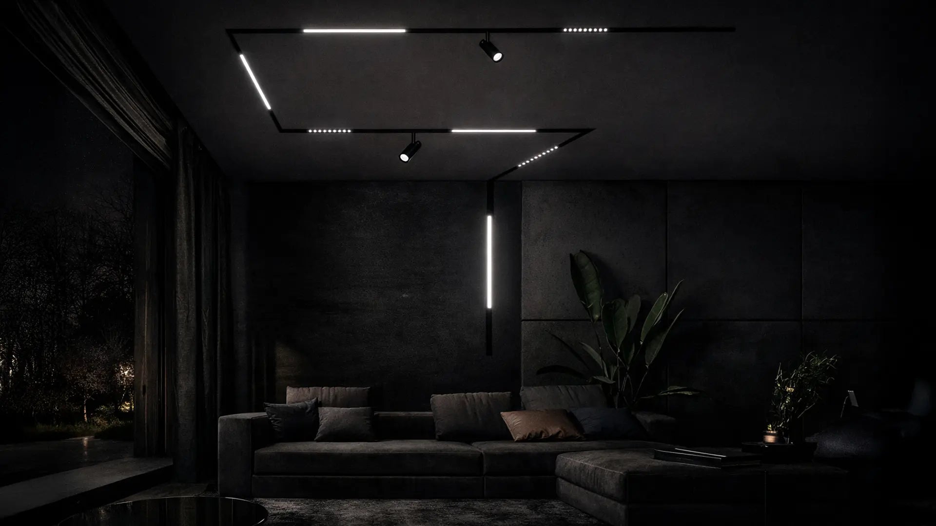 Sistema di illuminazione magnetica 48V Gisled installato a soffitto in ambiente moderno con binari lineari e moduli spot LED