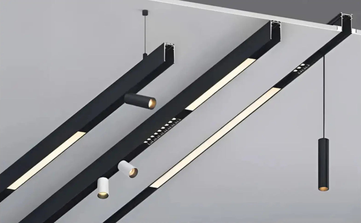 Sistema di illuminazione magnetico 48V modulare con binari lineari e spot integrati per installazione architettonica moderna