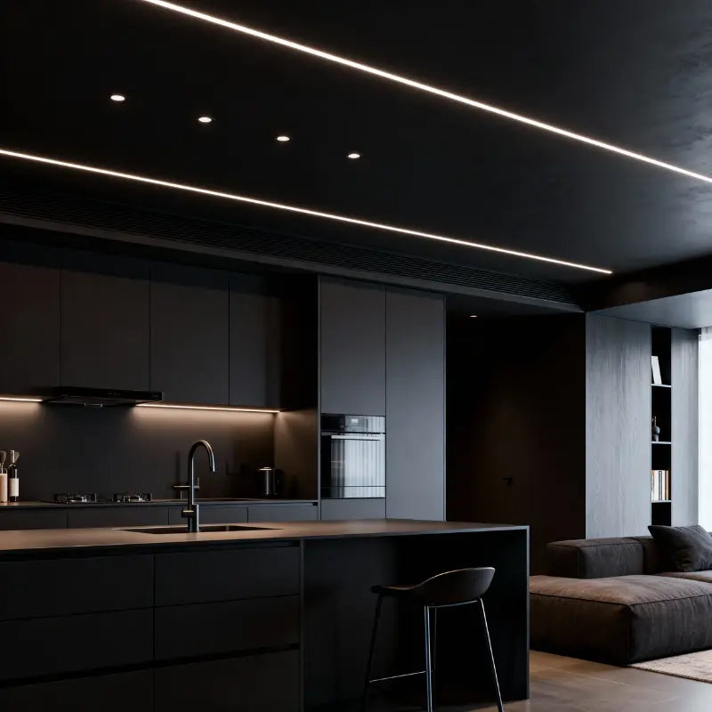 Strisce LED professionali Gisled integrate a soffitto e cucina moderna per illuminazione lineare architettonica