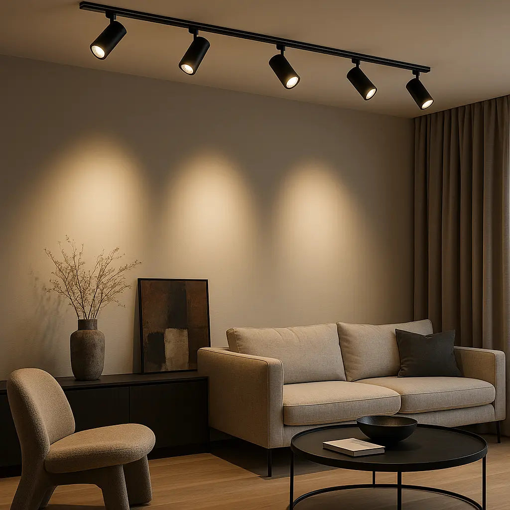Sistema di illuminazione a binario 220V installato a soffitto in ambiente moderno con faretti LED orientabili