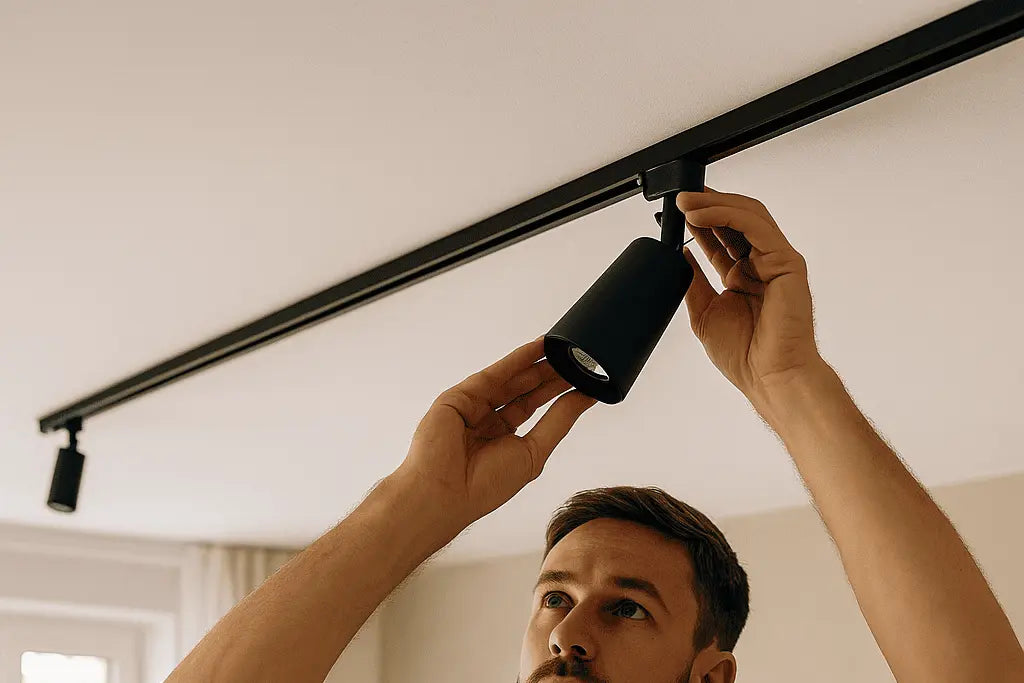 Tecnico installa un faretto LED su binario in un ambiente moderno con luce naturale