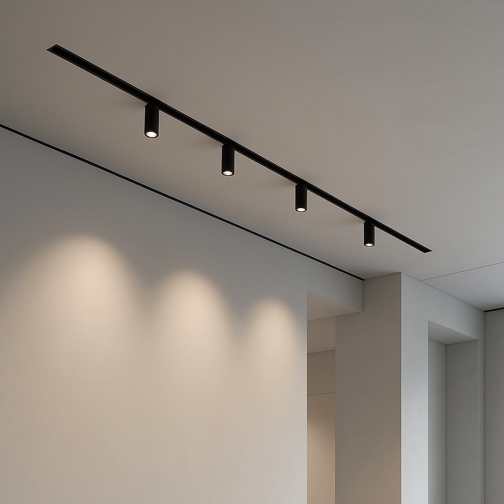 Sistema di illuminazione a binario magnetico 48V installato a soffitto in ambiente moderno con faretti LED integrati