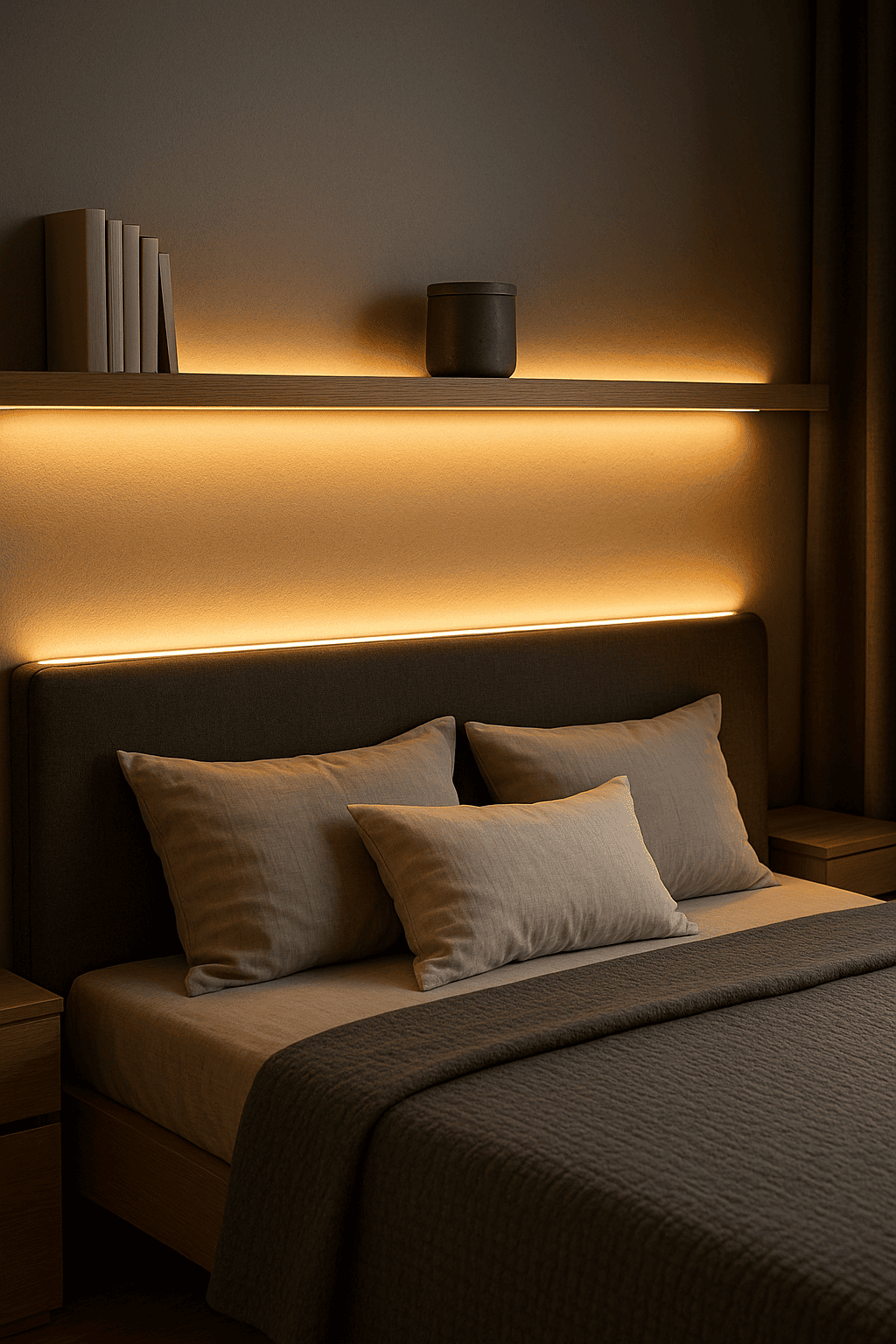 Striscia LED calda installata dietro testiera e mensola in una camera da letto moderna, ideale per illuminazione d’atmosfera elegante e funzionale.