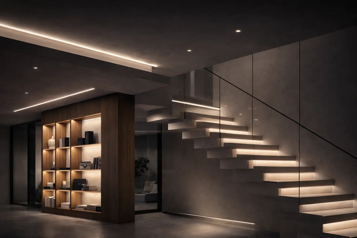Strisce LED integrate in controsoffitto, libreria e scala in ambiente moderno con illuminazione lineare calda